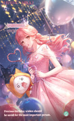 1girl ahoge animal artist_request balloon bare_shoulders bow bowtie brooch brown_eyes card_(medium) cat cloak clothed_animal commentary copyright_name cowboy_shot crown dot_nose dress ear_covers earrings english_commentary english_text eyelashes fireworks_print floating_hair furrowed_brow heart heart_brooch heart_wand heartwarming_flame_(shining_nikki) highres holding holding_wand hood hood_up hooded_cloak jewelry lamppost logo long_hair mini_crown momo_(nikki) night night_sky nikki_(nikki) nikki_(series) o_o off-shoulder_dress off_shoulder official_art open_mouth outdoors palm_tree pink_dress pink_hair red_bow red_bowtie second-party_source shining_nikki short_sleeves sky star_(sky) starry_sky surprised teeth traditional_bowtie tree upper_teeth_only wand wavy_hair whiskers white_cat white_crown wind yellow_cloak