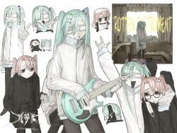 Rule 34 | 2girls, :d, apron, aqua hair, arm up, black-framed eyewear, black eyes, black jacket, black pants, chibi, chibi inset, cowboy shot, ear piercing, electric guitar, eyepatch, food-themed hair ornament, glasses, grin, guitar, hair ornament, hair ribbon, hairpin, hat, highres, holding, holding guitar, holding instrument, house, indoors, instrument, jacket, medical eyepatch, multiple girls, open mouth, original, pants, piercing, pill hair ornament, pink hair, ribbon, smile, spring onion hair ornament, standing, table, teeth, twintails, upper body, v, white apron, white background, white hat, white jacket, white ribbon, window, wuwuren