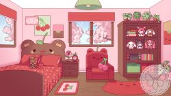 alarm_clock arunyi bear bed blanket chair character_doll cherry cherry_blossoms cinnamoroll clock commentary commission english_commentary food fruit fuwa_fuwa_cinnamoroll hatsune_miku highres indoors kuromi lamp nintendo_switch no_humans onegai_my_melody original pillow plant poster_(object) potted_plant red_theme rug sakura_miku sanrio scenery shelf stuffed_animal stuffed_toy vgen_commission vocaloid watermark window wooden_floor