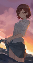 1girl absurdres breasts brown_eyes brown_hair cloud cloudy_sky collared_shirt haimaotuanzi highres higuchi_madoka idolmaster idolmaster_shiny_colors medium_hair ocean pleated_skirt shirt skirt sky small_breasts solo standing white_shirt