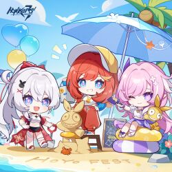 Rule 34 | 3girls, ;), ahoge, beach, beach umbrella, bikini, black skirt, blue eyes, blue sky, chibi, chibi only, coconut, coconut tree, commentary, copyright logo, crab, diamond-shaped pupils, diamond (shape), elf, elysia (herrscher of human: ego) (honkai impact), elysia (honkai impact), english commentary, homu (honkai impact), honkai (series), honkai impact 3rd, kiana kaslana, long hair, multiple girls, official alternate costume, official art, one eye closed, orange pants, palm tree, pants, pink hair, pink pupils, pointy ears, ponytail, purple eyes, purple sarong, red hair, sand, sand sculpture, sarong, senadina, skirt, sky, smile, striped innertube, swimsuit, symbol-shaped pupils, tank top, tree, umbrella, very long hair, white bikini, white hair, white tank top, yellow innertube