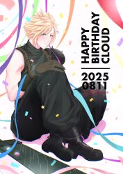 Rule 34 | 1boy, absurdres, armor, baggy pants, birthday, blonde hair, blue eyes, blush, boots, brown gloves, buster sword, character name, cloud strife, commentary, confetti, dated, final fantasy, final fantasy vii, final fantasy vii remake, full body, gloves, hand on own knee, happy birthday, highres, kirinomon, looking at viewer, male focus, pants, short hair, shoulder armor, single bare shoulder, sitting, sleeveless, sleeveless turtleneck, solo, spiked hair, star (symbol), sweater, symbol-only commentary, turtleneck, turtleneck sweater