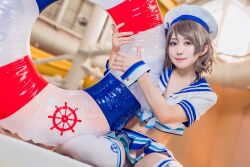 Rule 34 | 1girl, blue eyes, blurry, blurry background, cosplay, cosplay photo, costume, grey hair, hat, indoors, japanese (nationality), kneeling, looking at viewer, love live!, love live! sunshine!!, mi yan 0728, open clothes, photo (medium), short hair, skirt, solo, swim ring, thighhighs, watanabe you