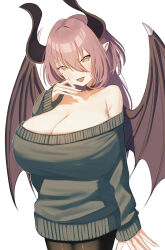 1girl absurdres breasts brown_collar brown_eyes brown_hair brown_pantyhose cleavage collar commentary_request demon_girl demon_horns demon_wings double-parted_bangs green_sweater hair_between_eyes hand_on_own_cheek hand_on_own_face highres horns huge_breasts long_sleeves looking_at_viewer nanashi_nasi off-shoulder_sweater off_shoulder open_mouth original pantyhose pointy_ears short_hair simple_background sleeves_past_wrists smile sweater upper_body white_background wings