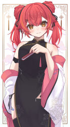 1girl absurdres alternate_costume anku bandaid bandaid_on_leg bare_shoulders black_dress black_ribbon blush china_dress chinese_clothes closed_mouth double_bun dress folded_fan folding_fan hair_bun hair_ribbon hand_fan highres holding holding_fan looking_at_viewer multicolored_hair nekota_tsuna off_shoulder orange_eyes orange_hair red_hair ribbon solo streaked_hair two-tone_hair virtual_youtuber vspo!