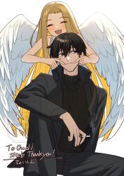 Rule 34 | 1boy, 1girl, angel notes, black choker, black eyes, black hair, black shirt, blonde hair, blush, choker, cigarette, closed eyes, collarbone, dress, feathered wings, gun god, highres, holding, holding cigarette, long hair, shintyoi2, shirt, short hair, signature, v/v, white dress, wings