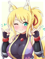 1girl ;3 animal_ears bare_shoulders blonde_hair blush breasts closed_mouth dog_days double_fox_shadow_puppet elbow_gloves fingerless_gloves fox_ears fox_shadow_puppet fox_tail gloves green_eyes highres japanese_clothes jewelry kimono large_breasts looking_at_viewer necklace one_eye_closed ponytail purple_kimono red_ribbon ribbon solo tail yosuzu yukikaze_panettone