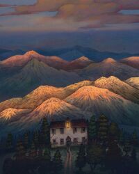 building chimney cloud door francisco_fonseca grass highres hotel mountain no_humans original path pine_tree road rooftop smoke tree window window_light