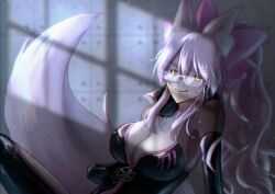 1girl absurdres animal_ear_fluff animal_ears anyuendo black_bodysuit bodysuit bow breasts cleavage commentary eyewear_strap fate/grand_order fate_(series) fox_ears fox_girl fox_tail hair_between_eyes hair_bow highres indoors koyanskaya_(assassin)_(first_ascension)_(fate) koyanskaya_(fate) light_particles long_hair looking_at_viewer medium_breasts moonlight open_bodysuit open_clothes pink_bow pink_fur pink_hair ponytail seductive_smile smile solo tail tamamo_(fate) tongue tongue_out yellow_eyes