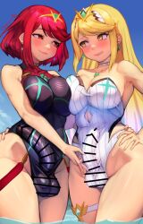 Rule 34 | 2futa, bar censor, bare shoulders, black one-piece swimsuit, blonde hair, blush, breasts, censored, cleavage, covered testicles, cowboy shot, futa with futa, futanari, highres, large breasts, long hair, multiple futa, mythra (radiant beach) (xenoblade), mythra (xenoblade), one-piece swimsuit, pyra (pro swimmer) (xenoblade), pyra (xenoblade), r123, red eyes, red hair, short hair, skin tight, strapless, strapless one-piece swimsuit, swimsuit, testicles, white one-piece swimsuit, xenoblade chronicles (series), xenoblade chronicles 2, yellow eyes