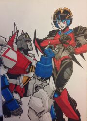 1boy 1girl blue_eyes disgust helmet humanoid_robot jewelry jlawrence_art marriage_proposal mechanical_wings panties red_eyes red_panties ring robot robot_girl science_fiction starscream tongue tongue_out traditional_media transformers underwear white_background windblade wings
