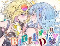 2girls absurdres bang_dream! bang_dream!_it&#039;s_mygo!!!!! black_shirt blue_bow blue_hair blush bottle bow bracelet can chinese_commentary closed_mouth clothing_cutout commentary_request ear_piercing earrings eyewear_on_head glint gradient_eyes hair_between_eyes hair_bow happy_birthday hero45439083942 highres holding holding_bottle holding_can jewelry linked_piercing long_hair misumi_uika multicolored_eyes multiple_girls open_mouth piercing purple_eyes ramune ring shirt shoulder_cutout sidelocks togawa_sakiko upper_body white_shirt yellow_eyes