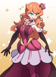 Rule 34 | 1girl, aqua eyes, bare shoulders, breasts, choker, crown, dress, elbow gloves, gloves, hair down, hair ornament, halter dress, halterneck, heart, heart hair ornament, highres, long hair, medium breasts, mini crown, missandydandy, nintendo, official alternate costume, orange hair, pantyhose, pendant choker, pokemon, pokemon masters ex, purple pantyhose, short dress, solo, sonia (pokemon), sonia (special costume) (pokemon), striped clothes, striped dress, swept bangs, waist cape