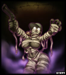 1girl artist_name bandages baseball_cap blaxvel breasts brown_hair colored_skin commentary english_commentary fio_germi glowing glowing_eyes gun hat holding holding_gun holding_weapon large_breasts long_hair metal_slug mummy naked_bandage ponytail solo weapon