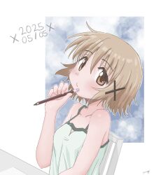 1girl 2025 bare_arms bare_shoulders birthday breasts brown_eyes brown_hair chair closed_mouth dated dot_nose hair_between_eyes hair_ornament hidamari_sketch holding holding_pencil looking_at_viewer pencil short_hair sitting small_breasts solo upper_body x_hair_ornament yuno_(hidamari_sketch) yunoppi_