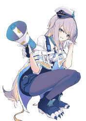 Rule 34 | 1girl, absurdres, black pantyhose, cape, dog tail, full body, gloves, grey hair, grin, hat, head rest, highres, holding, holding megaphone, kouyoukuri, long hair, looking at viewer, megaphone, multicolored eyes, nijisanji, pantyhose, paw shoes, peaked cap, shioriha ruri, shioriha ruri (1st costume), simple background, smile, solo, squatting, tail, virtual youtuber, white background, white gloves