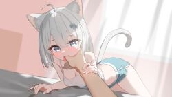 1girl 1other ahoge animal_ear_fluff animal_ears blue_eyes blue_shorts camisole cat_ears cat_girl cat_tail dolphin_shorts fang finger_in_another&#039;s_mouth hair_ornament highres indie_virtual_youtuber indoors looking_at_viewer nachu_(vtuber) pov pov_hands shorts solo_focus strap_slip tail tongue tongue_out virtual_youtuber white_camisole white_hair yunjuice