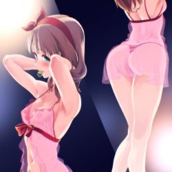 Rule 34 | 1girl, armpits, arms behind head, arms up, ass, back, backlighting, blue eyes, blush, bow, breasts, brown hair, chemise, commentary request, condom, condom in mouth, gradient background, hairband, hakkaku shikimi, heart, heart-shaped pupils, highres, idolmaster, idolmaster cinderella girls, lingerie, looking at viewer, medium breasts, mouth hold, multiple views, navel, nipples, panties, red bow, red hairband, red panties, sakuma mayu, see-through clothes, smile, symbol-shaped pupils, tongue, tongue out, underwear