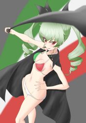 1girl alternate_costume anchovy_(girls_und_panzer) bikini black_cape black_ribbon breasts cape drill_hair girls_und_panzer green_hair hair_ribbon hand_on_own_hip highres italian_flag italian_flag_bikini looking_at_viewer mahiro_sound medium_breasts red_eyes ribbon swimsuit twin_drills twintails whip