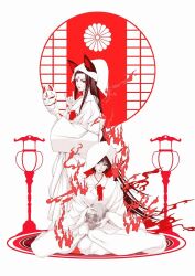 2girls animal_ears aura black_hair commentary_request fox_ears fox_mask fox_shadow_puppet full_body holding holding_mask holding_skull hood japanese_clothes kimono lantern long_hair looking_at_viewer mask multiple_girls original red_eyes short_hair sitting skull uchikake very_long_hair white_kimono yamada_satoshi