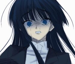 Rule 34 | 1girl, black hair, black jacket, blue eyes, chinese commentary, collared shirt, commentary request, crying, crying with eyes open, empty eyes, frown, furrowed brow, highres, horrified, jacket, lapels, long hair, looking at viewer, parted lips, portrait, raised eyebrows, shirt, simple background, solo, tako3000, tears, touma kazusa, turn pale, white album (series), white album 2, white shirt