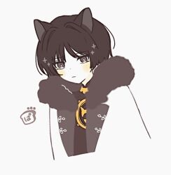 1boy 6seox_gb animal_ears black_hair black_shirt blunt_ends blush bright_pupils cat_boy cat_ears closed_mouth coat cropped_torso expressionless fatui_coat fur_collar genshin_impact gold grey_eyes hair_intakes jewelry lapels looking_at_viewer male_focus mandarin_collar neck_ring open_clothes open_coat parted_bangs scaramouche_(genshin_impact) shirt solo upper_body white_background white_coat white_pupils wispy_bangs