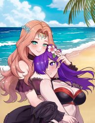 2girls absurdres alternate_costume beach bikini black_bikini breast_smother breasts cleavage cornelia_arnim face_to_breasts female_shez_(fire_emblem) female_shez_(summer)_(fire_emblem) fire_emblem fire_emblem:_three_houses fire_emblem_heroes fire_emblem_warriors:_three_hopes flower green_eyes hair_flower hair_ornament highres hug large_breasts medium_breasts mole mole_on_breast multiple_girls nintendo official_alternate_costume orange_hair outdoors palm_tree purple_bikini purple_eyes purple_hair rein_creamsoda swimsuit tree