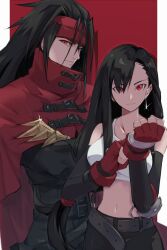 1boy 1girl adjusting_clothes adjusting_gloves asymmetrical_bangs belt black_belt black_gloves black_hair black_pants black_shirt black_skirt cape clawed_gauntlets commentary cowboy_shot crop_top crossed_arms drop_shadow earrings elbow_gloves expressionless final_fantasy final_fantasy_vii fingerless_gloves floating_earrings gauntlets gloves hairband hands_up highres jewelry layered_gloves long_hair long_sleeves looking_at_viewer low-tied_long_hair multiple_belts pants red_background red_cape red_eyes red_gloves red_hairband shirt signature single_earring single_gauntlet skirt standing tank_top tifa_lockhart upper_body vani_(hisha_04) vincent_valentine white_shirt