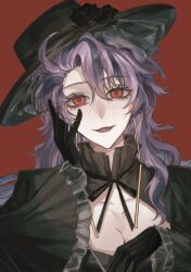 1girl absurdres azusa-twilight black_flower black_gloves black_hat black_ribbon black_rose breasts chinese_commentary cleavage cleavage_cutout clothing_cutout commentary_request earrings eyelashes flower frilled_sleeves frills genderswap genderswap_(mtf) gloves hair_between_eyes hat hat_flower highres jewelry long_hair long_sleeves male_focus open_mouth portrait purple_hair red_background red_eyes ribbon rose saibou_shinkyoku smile solo theodore_riddle