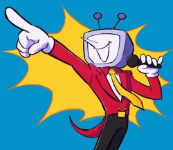 Rule 34 | 1boy, ant tenna, belt buckle, black pants, buckle, cowboy shot, crt, dama8457, deltarune, gloves, hashtag-only commentary, holding, holding microphone, male focus, microphone, necktie, object head, outstretched arm, pants, pointing, pointy nose, smile, solo, tailcoat, twitter username, white gloves, yellow necktie
