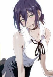 Rule 34 | 1girl, black choker, black shorts, chainsaw man, choker, collared shirt, commentary request, green eyes, hair between eyes, highres, ikanyoikanikan, looking at viewer, purple hair, reze (chainsaw man), shirt, shorts, simple background, sleeveless, sleeveless shirt, solo, white background, white shirt