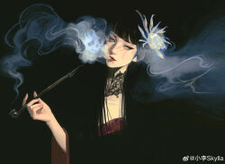 1girl absurdres black_background black_collar black_hair blending blunt_bangs collar eyeliner final_fantasy final_fantasy_xiv flower grey_eyes hair_flower hair_ornament highres holding holding_smoking_pipe hyur kiseru lace_collar looking_to_the_side makeup mole mole_under_mouth portrait red_lips simple_background smoke smoking smoking_pipe solo watermark weibo_watermark white_flower xiaoli_skylla yotsuyu_goe_brutus