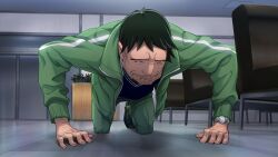 1boy all_fours arm_hair arm_support beard_stubble black_hair blue_cardigan cardigan closed_eyes facial_hair fukuda_tomonori game_cg green_jacket hand_hair highres hospital indoors jacket male_focus nagafukada_mitsuhiko necktie non-web_source official_art pants plant potted_plant red_necktie robotics;notes sad sandals short_hair solo spiked_hair striped_necktie stubble toes track_jacket track_pants very_short_hair watch white_stripes wristwatch