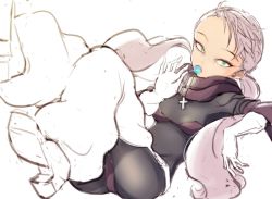 1girl bikini breasts candy cynthia_lane detached_sleeves food full_body gloves green_eyes lollipop long_hair looking_at_viewer mityubi overman_king_gainer pink_hair simple_background small_breasts solo swimsuit twintails white_background