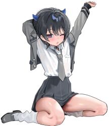 1girl aged_down arms_up black_hair black_skirt blush collared_shirt commentary_request demon_girl demon_horns dot_nose grey_jacket grey_necktie high-waist_skirt horns ichinose_uruha ichinose_uruha_(6th_costume) jacket kanzarin long_sleeves looking_at_viewer loose_socks necktie official_alternate_costume official_alternate_hairstyle one_eye_closed open_clothes open_jacket open_mouth purple_horns shirt shirt_tucked_in short_hair simple_background sitting skirt socks solo stretching thighs virtual_youtuber vspo! wariza white_background white_socks