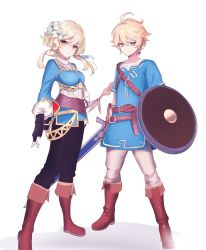 Rule 34 | 1boy, 1girl, :o, aether (genshin impact), ahoge, bad link, belt, belt buckle, blonde hair, blue tunic, boots, breasts, brother and sister, buckle, buckler, closed mouth, commentary, cosplay, cringywoomy, cropped legs, earrings, english commentary, eyebrows hidden by hair, flower, full body, genshin impact, hair between eyes, hair flower, hair ornament, hand on own hip, highres, holding, holding shield, holding sword, holding weapon, jewelry, legs apart, lily (flower), link, link (cosplay), long hair, looking at viewer, lumine (genshin impact), matching outfits, medium breasts, messy hair, multiple belts, nintendo, open mouth, princess zelda, princess zelda (cosplay), shadow, shield, shiny clothes, short hair, siblings, simple background, single earring, standing, sword, tareme, the legend of zelda, the legend of zelda: breath of the wild, tsurime, tunic, weapon, white background, yellow eyes
