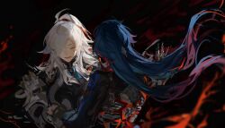 2boys absurdres black_hair blade_(honkai:_star_rail) closed_eyes dancing decay dichlorvos fire gradient_hair hashtag-only_commentary head_down highres holding_hands honkai:_star_rail honkai_(series) jing_yuan long_hair male_focus multicolored_hair multiple_boys one_eye_closed one_eye_covered open_mouth simple_background skeletal_hand smile very_long_hair white_hair yaoi