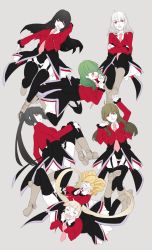 07th_expansion 6+girls anger_vein asmodeus_(umineko) beelzebub_(umineko) belphegor_(umineko) black_hair black_legwear blonde_hair boots brown_hair crossed_arms drill_hair closed_eyes garter_straps green_hair highres leotard leviathan_(umineko) lucifer_(umineko) mammon_(umineko) multiple_girls necktie no_naku_koro_ni_(series) open_mouth ponytail red_eyes satan_(umineko) simple_background smile sofy stakes_of_purgatory tears thighhighs twin_drills twintails umineko_no_naku_koro_ni white_hair