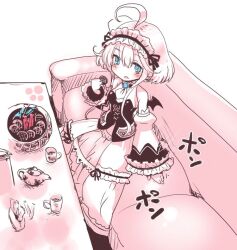 1girl ahoge ajitarou_(setsu) bare_shoulders blue_eyes breasts corset couch cup dress eating emil_chronicle_online food frilled_dress frills looking_at_viewer maid_headdress medium_breasts mitama_aria sitting sweets table teacup teapot wings