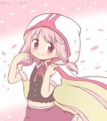 1girl bad_id bad_twitter_id blush borrowed_clothes cloak closed_mouth dot_nose frilled_skirt frills hands_up hood hood_up hooded_cloak looking_at_viewer magia_record:_mahou_shoujo_madoka_magica_gaiden magical_girl mahou_shoujo_madoka_magica petals pink_background pink_eyes pink_hair pink_ribbon pink_skirt puffy_short_sleeves puffy_sleeves reverse_(bluefencer) ribbon shirt short_sleeves skirt smile solo tamaki_ui twitter_username