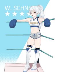 Rule 34 | 1girl, :o, abs, absurdres, alternate costume, arm rest, armpits, bare arms, blue eyes, boxing gloves, boxing ring, breasts, commentary, dolphin shorts, english commentary, full body, gen.fleur, grey shorts, hair ornament, high ponytail, highres, kneehighs, leaning, looking at viewer, navel, ponytail, rwby, scar, scar across eye, scar on face, shoes, short shorts, shorts, skindentation, small breasts, socks, solo, sports bra, standing, stomach, thighs, toned, toned female, weiss schnee, white hair, white shoes, white socks, white sports bra