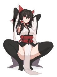 1girl absurdres armpits arms_behind_head black_hair black_thighhighs bow commission commissioner_upload detached_sleeves formicid hair_bow hair_tubes hakurei_reimu highres kourindou_tengu_costume non-web_source obi pelvic_curtain red_eyes sash solo squatting sweatdrop thighhighs touhou