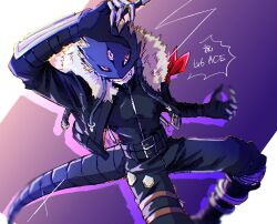 Rule 34 | 1boy, bandana, bandana around arm, beelzebumon, black jacket, blonde hair, cowboy shot, demon boy, digimon, digimon card game, eye mask, highres, jacket, male focus, megane mochi, purple background, purple eyes, red bandana, short hair, simple background, solo, third eye