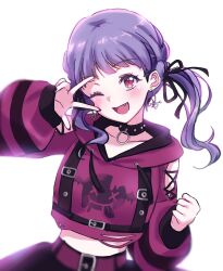 Rule 34 | 1girl, bang dream!, black choker, black nails, choker, earrings, fang, fingernails, highres, hood, hoodie, jewelry, nail polish, ppora, purple hair, red eyes, red hoodie, simple background, solo, tongue, tongue out, twintails, udagawa ako, upper body, v, white background, x x