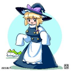 1girl apron black_eyes black_hat black_skirt black_vest blonde_hair blue_background blush_stickers bow braid breasts buttons commentary_request cookie_(touhou) daiyousei dated diyusi_(cookie) full_body hair_bow hat hat_bow highres itini-sanshi kirisame_marisa large_breasts long_skirt looking_at_viewer open_mouth pixel_art shirt short_hair side_braid single_braid skirt skirt_set sleeves_past_fingers sleeves_past_wrists smile solo standing sukusuku_hakutaku touhou turtleneck turtleneck_shirt two-tone_background vest waist_apron white_apron white_background white_shirt witch_hat yuuhi_(cookie)