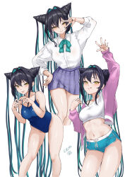3girls absurdres arm_up bare_shoulders black_hair blue_one-piece_swimsuit blue_skirt breasts colored_inner_hair cone_hair_bun folded_hair goddess_of_victory:_nikke green_hair green_neckerchief hair_bun heart heart_hands highres jacket large_breasts little_mermaid_(nikke) long_hair long_sleeves multicolored_hair multiple_girls multiple_persona navel neckerchief one-piece_swimsuit pink_jacket ramuneogura school_swimsuit school_uniform shiny_eyes shirt short_shorts shorts simple_background skirt sports_bra swimsuit tongue tongue_out v white_background white_shirt yellow_eyes