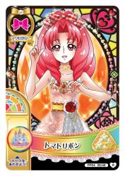 1girl akagi_towa artist_request bare_arms bare_shoulders beads border bow card_(medium) castle choker collarbone colorful_background commentary_request cowboy_shot dress eyelashes fashion floral_print flower frilled_bow frills go!_princess_precure hair_bow happy lace-trimmed_sash light_blush light_particles long_hair official_alternate_costume official_art open_mouth outline parted_bangs plaid_bow pointing pointing_up precure red_bow red_eyes red_flower red_hair red_rose ringlets rose rose_print sash second-party_source sidelocks sleeveless sleeveless_dress smile solo sparkle stained_glass star_(symbol) translation_request unmoving_pattern waist_sash white_border white_dress white_outline yellow_choker yellow_sash