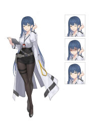 1girl absurdres black_pantyhose black_shoes black_skirt blue_hair breasts closed_mouth disgust grin hair_behind_ear hair_between_eyes high-waist_skirt highres holding holding_tablet_pc id_card jacket large_breasts long_hair looking_at_viewer one_eye_closed original pantyhose potatoy shaded_face shirt shoes sidelocks skirt smile sweatdrop tablet_pc white_jacket white_shirt yellow_eyes