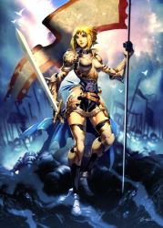 1girl animification armor banner battlefield belt blonde_hair boots breasts cleavage female_focus genzoman jeanne_d&#039;arc large_breasts level-5 real_life real_life_insert short_hair solo sword thighhighs weapon zettai_ryouiki
