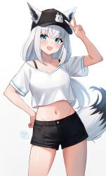 1girl absurdres ahoge alternate_costume animal_ear_fluff animal_ears aqua_eyes baseball_cap black_hat black_shorts bra_strap braid character_print commentary cowboy_shot crossed_bangs double-parted_bangs dreadpunk english_commentary fox_ears fox_girl fox_tail hair_between_eyes hand_on_own_hip hand_up hat highres hololive long_hair looking_at_viewer low_ponytail midriff navel open_mouth ponytail print_hat shirakami_fubuki shirt short_shorts short_sleeves shorts side_braid simple_background single_braid solo standing straight-on sukonbu_(shirakami_fubuki) t-shirt tail v virtual_youtuber white_background white_hair white_shirt